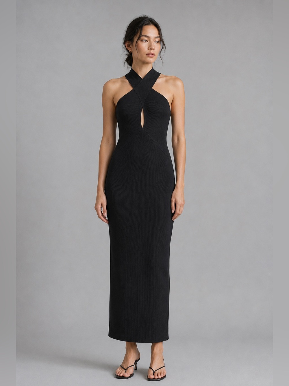 House of Harlow 1960 Black Ribbed Crisscross Halter Open Back Maxi Dress. Small
